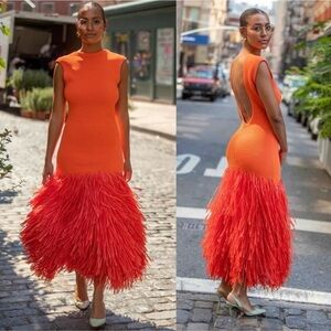 SUPER RARE  Aje Raffia Trimmed Ribbed Stretch Knit Midi Dress Orange Size XXS.